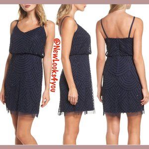 NEW Adrianna Papell Sequin Mesh Blouson‎ Dress Navy/Black [SZ 8 10 12 ]